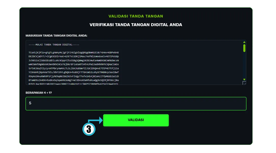 Halaman Validasi Tanda Tangan yang menampilkan kolom MASUKKAN TANDA TANGAN DIGITAL ANDA